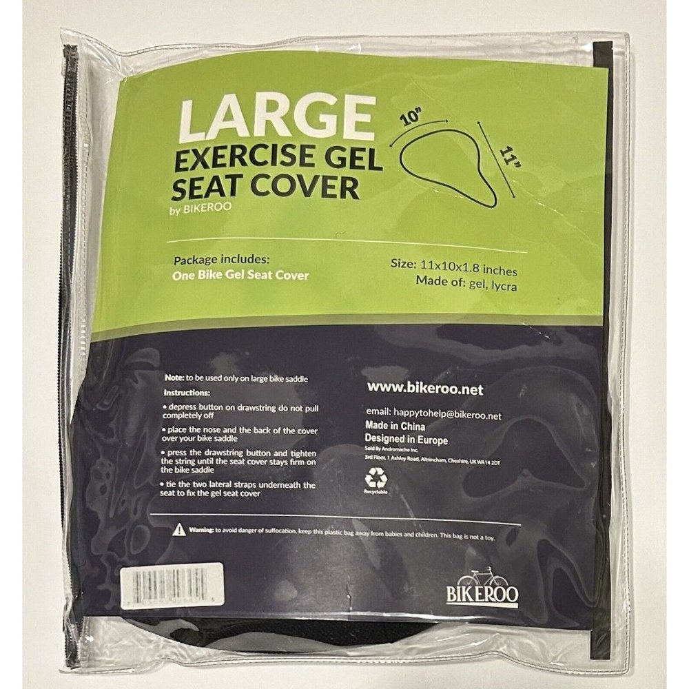 Large Bikeroo Exercise Bike Black Gel Seat Cushion Cover 11x10x1.8 in